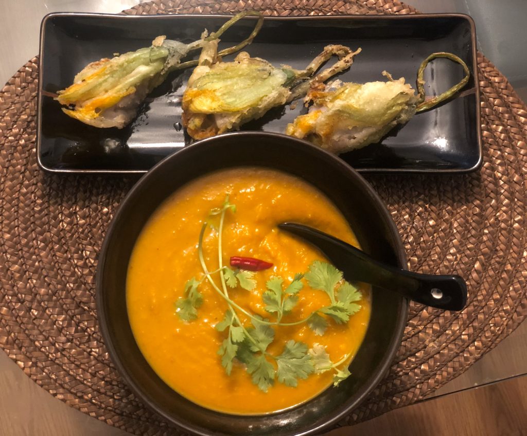 Asian Vegetarian Stuffed Squash Blossoms with Squash Soup 1