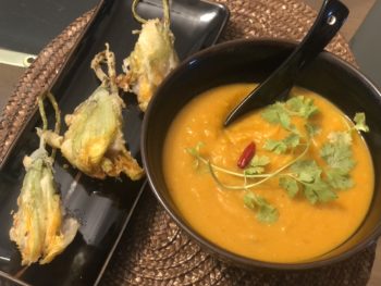 Asian Vegetarian Stuffed Squash Blossoms with Squash Soup