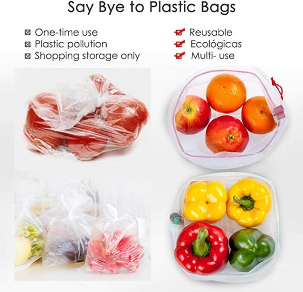 Ecowaare Set of 15 Reusable Mesh Produce Bags,3 Sizes Washable and See-Through Grogery Bags,with Colorful Tare Weight Tags,5 Small 5 Medium & 5 Large 1
