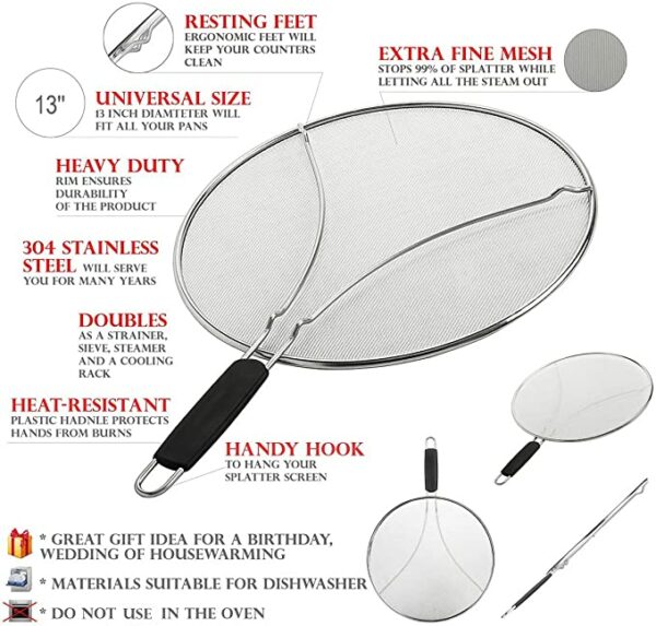 Grease Splatter Screen for Frying Pan 13" - Stops 99% of Hot Oil Splash - Protects Skin from Burns - Splatter Guard for Cooking - Iron Skillet Lid Keeps Kitchen Clean - Stainless Steel 6