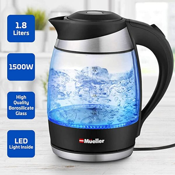 Mueller Premium 1500W Electric Kettle with SpeedBoil Tech, 1.8 Liter Cordless with LED Light, Borosilicate Glass, BPA-Free with Auto Shut-Off and Boil-Dry Protection 1