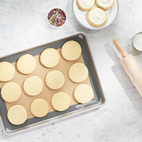 Roll over image to zoom in       AmazonBasics Silicone, Non-Stick, Food Safe Baking Mat - Pack of 2